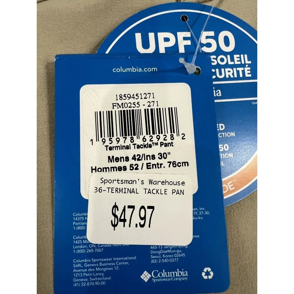 Columbia Men's PFG Terminal Tackle Fishing Pants - Fossil 42X30 New UPF150 - Picture 4 of 7